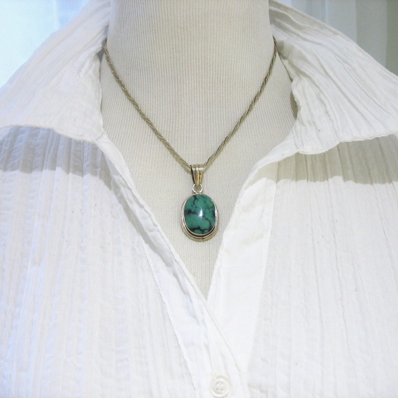 Turquoise Sterling Slide Pendant, 925 Rope Chain - Picture 2 of 7